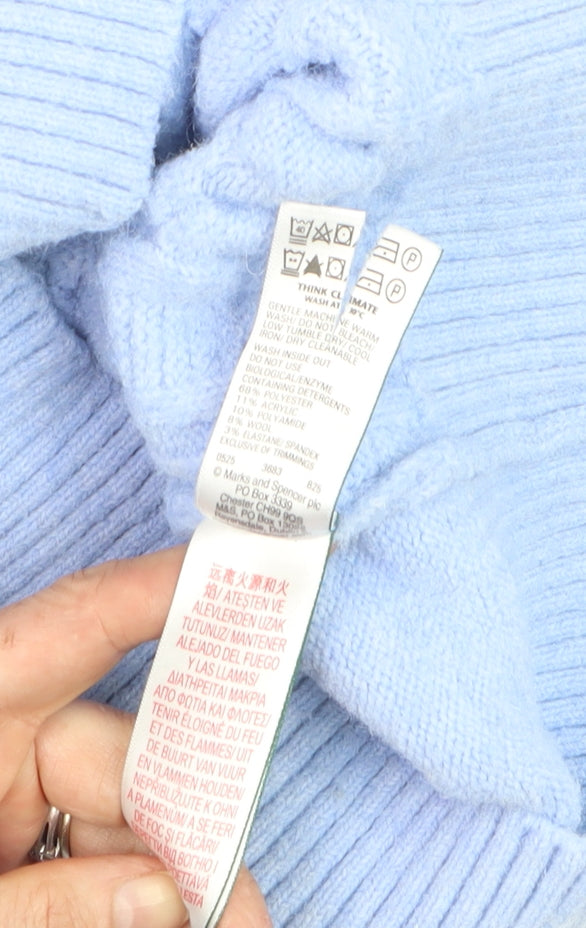 Marks and Spencer Women Blue Cable-Knit V-Neck Jumper Size S