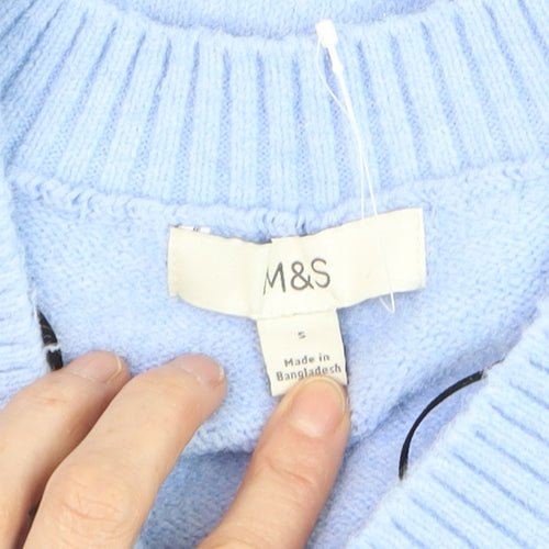 Marks and Spencer Women Blue Cable-Knit V-Neck Jumper Size S