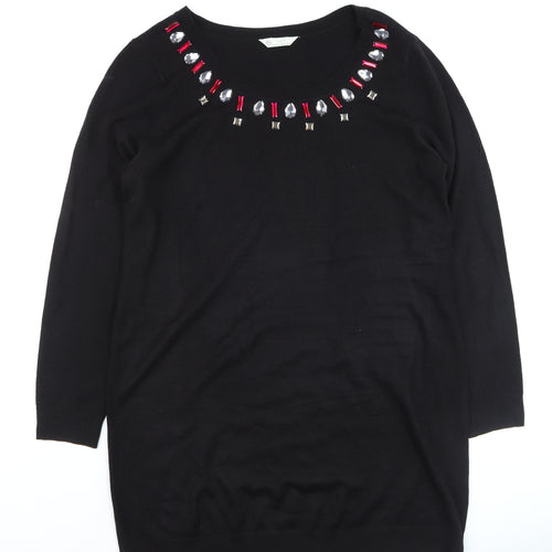 BHS Women Black Jewel Neckline 3/4 Sleeve Pullover Jumper Size 18