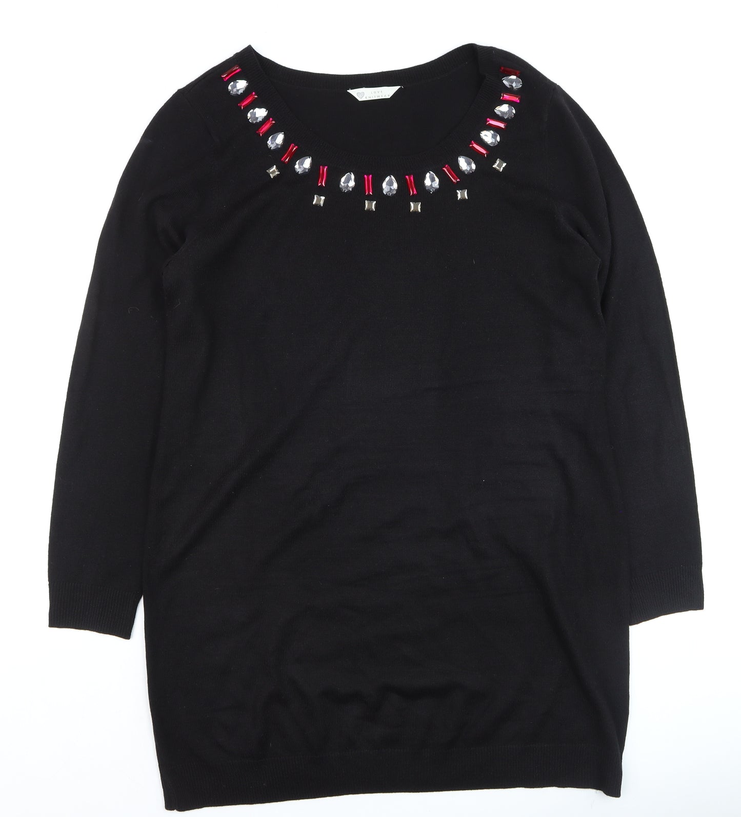BHS Women Black Jewel Neckline 3/4 Sleeve Pullover Jumper Size 18