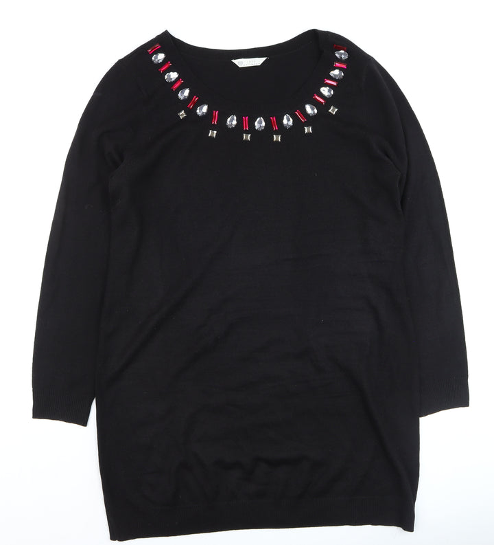 BHS Women Black Jewel Neckline 3/4 Sleeve Pullover Jumper Size 18