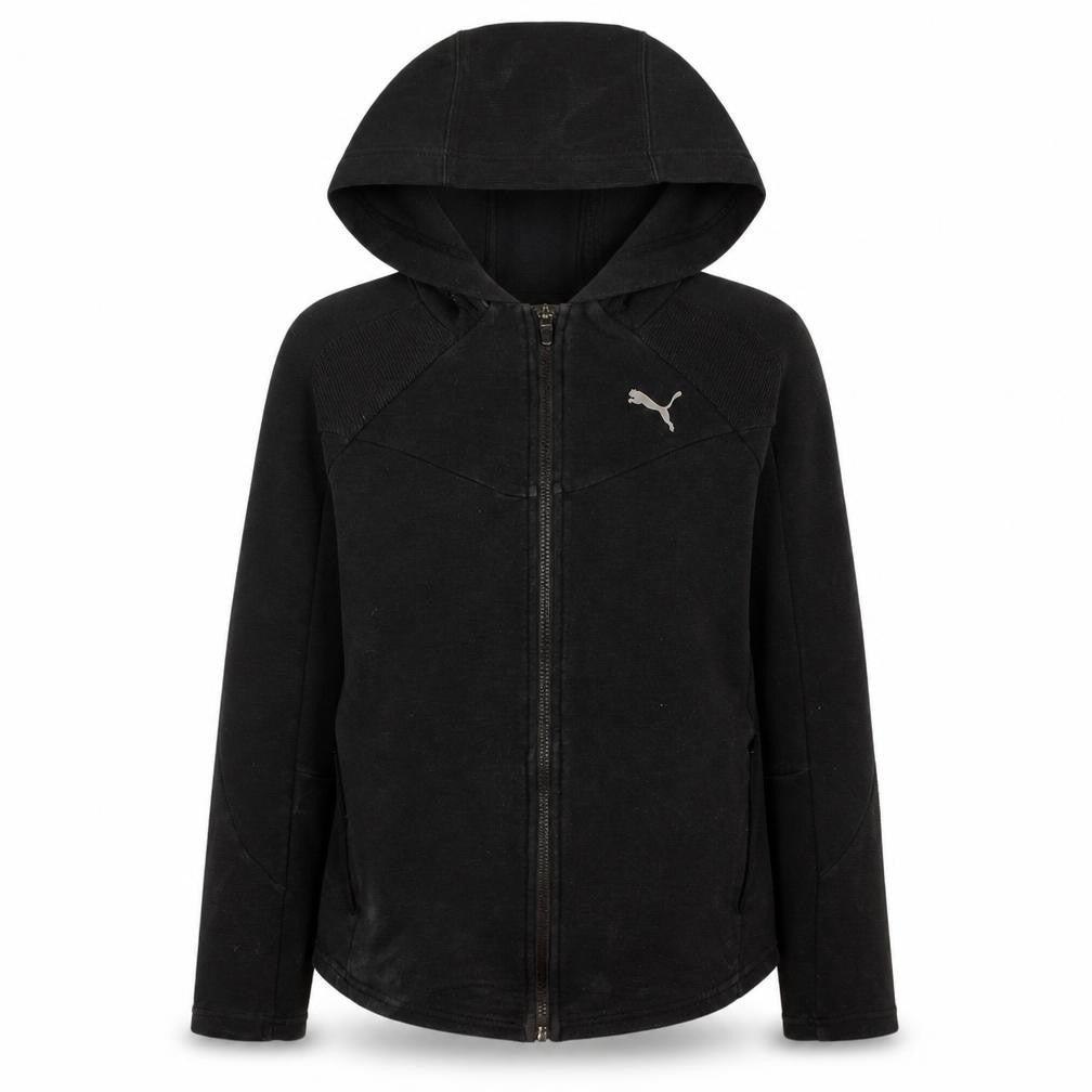 Front view of Puma women’s black small full zip hoodie sweatshirt with logo