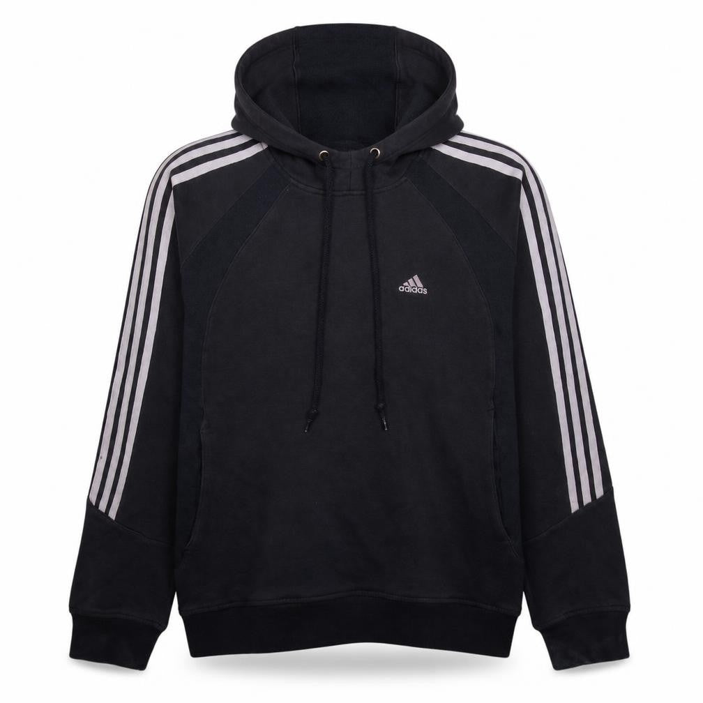 Front view of Adidas Men's Blue Pullover Hoodie Medium Logo Striped Sportswear