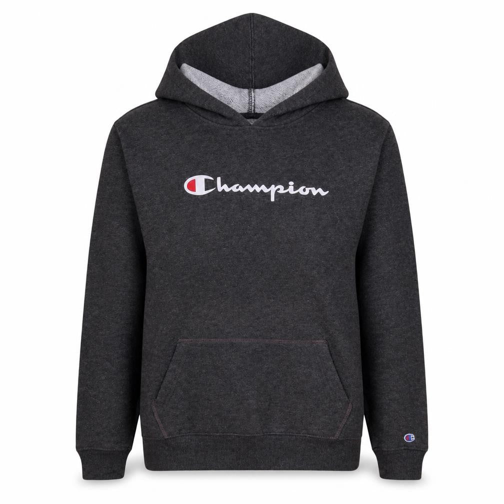 Front view of Champion women’s charcoal hoodie xl pullover logo print cotton blend