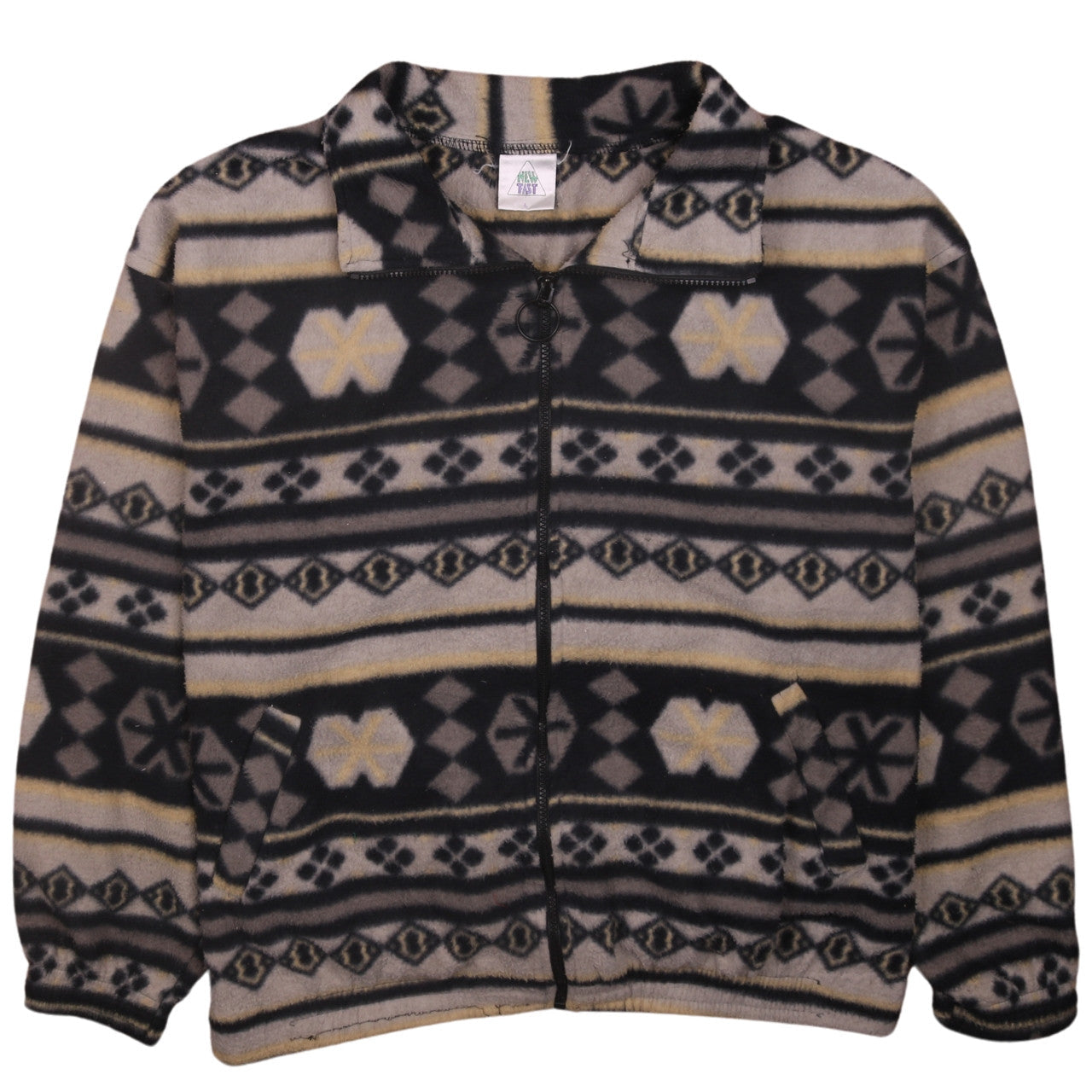 New Fast Womens Black Beige Fleece Jacket L Aztec Pattern Warm Zip Up