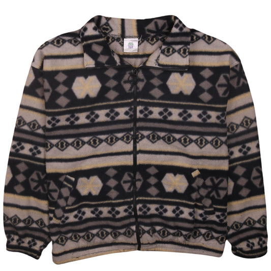 New Fast Womens Black Beige Fleece Jacket L Aztec Pattern Warm Zip Up