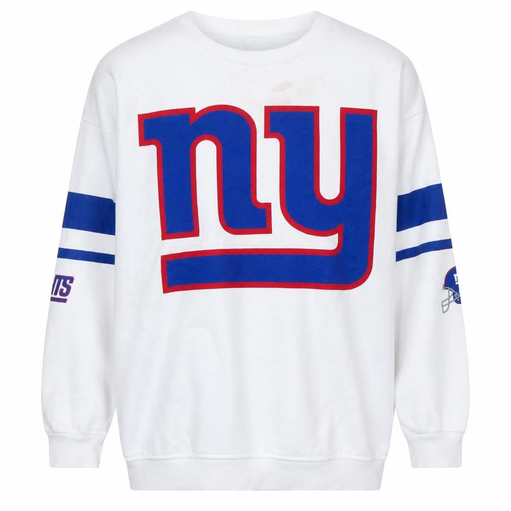 Front view of Primark NFL Giants White Cotton Sweatshirt Women S 10/12 Crew Neck Pullover