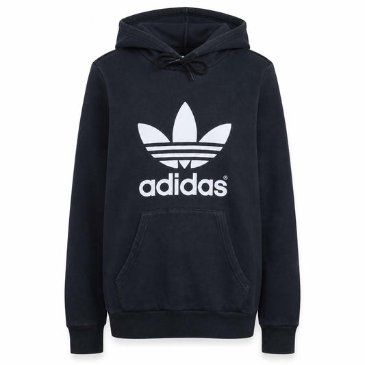 Front view of Adidas women’s black pullover hoodie, size UK 12, logo print sweatshirt
