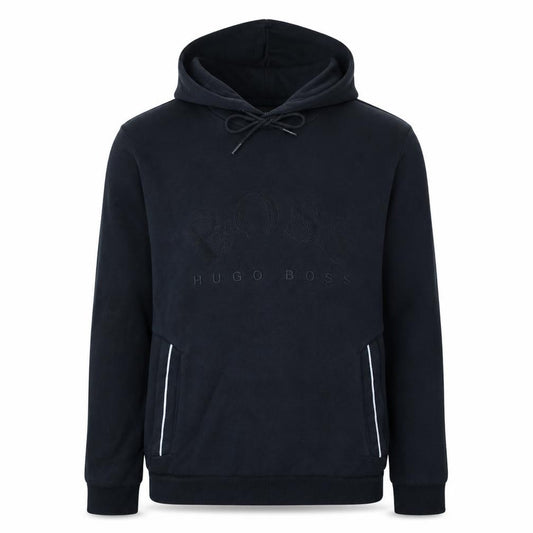 Front view of Hugo Boss Men's Black Pullover Hoodie, size S, Logo Design