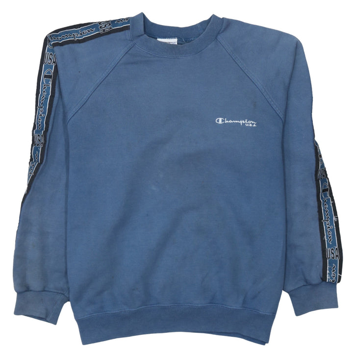 Champion USA Mens Blue Large Crew Neck Sweatshirt with Logo Tape Trim