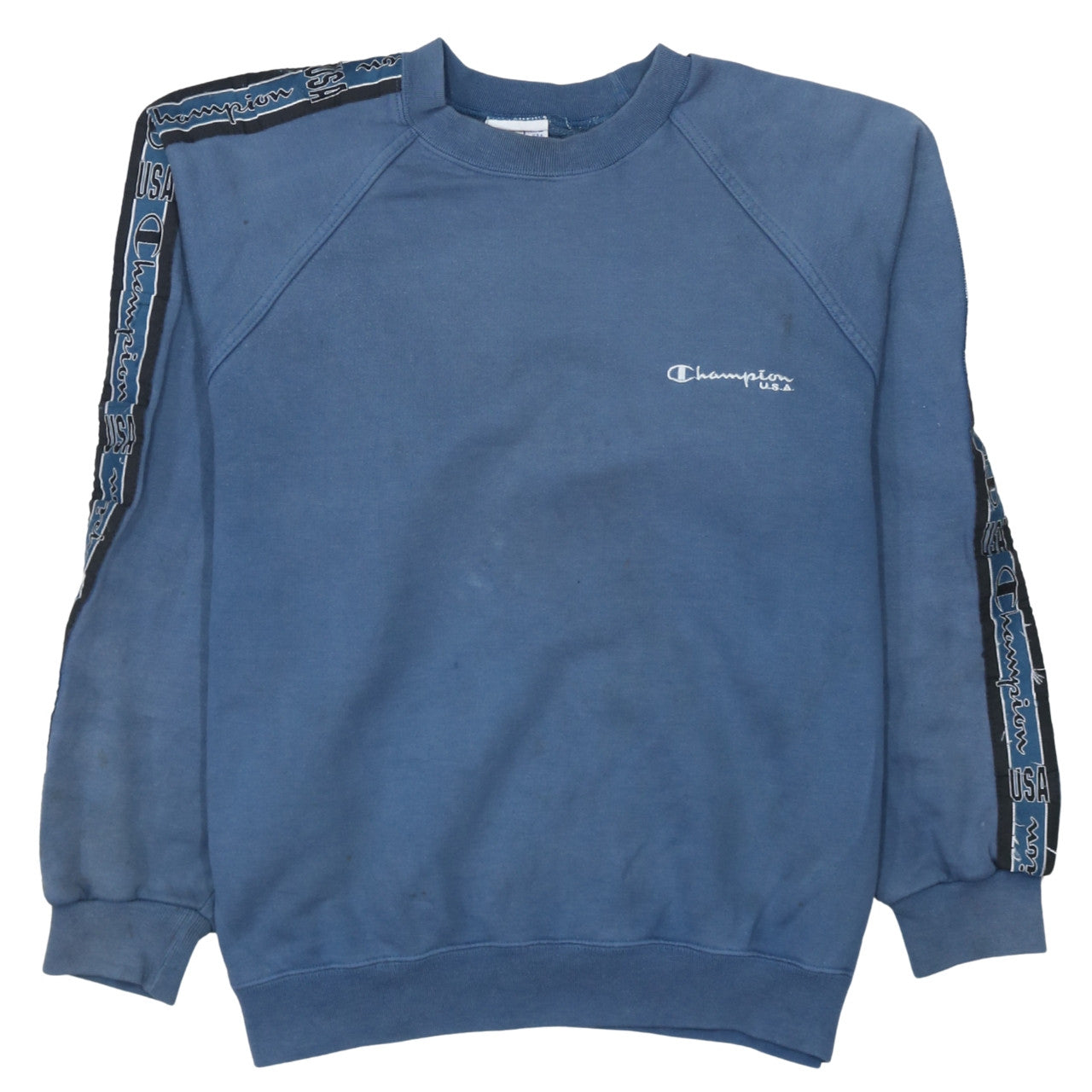 Champion USA Mens Blue Large Crew Neck Sweatshirt with Logo Tape Trim
