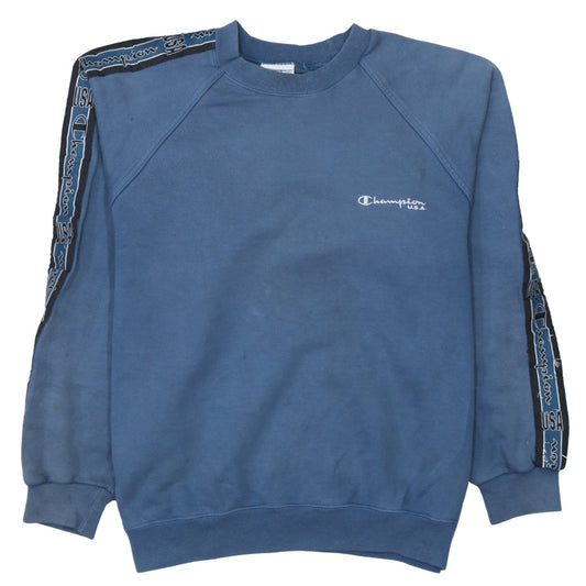 Champion USA Mens Blue Large Crew Neck Sweatshirt with Logo Tape Trim