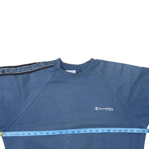 Champion USA Mens Blue Large Crew Neck Sweatshirt with Logo Tape Trim