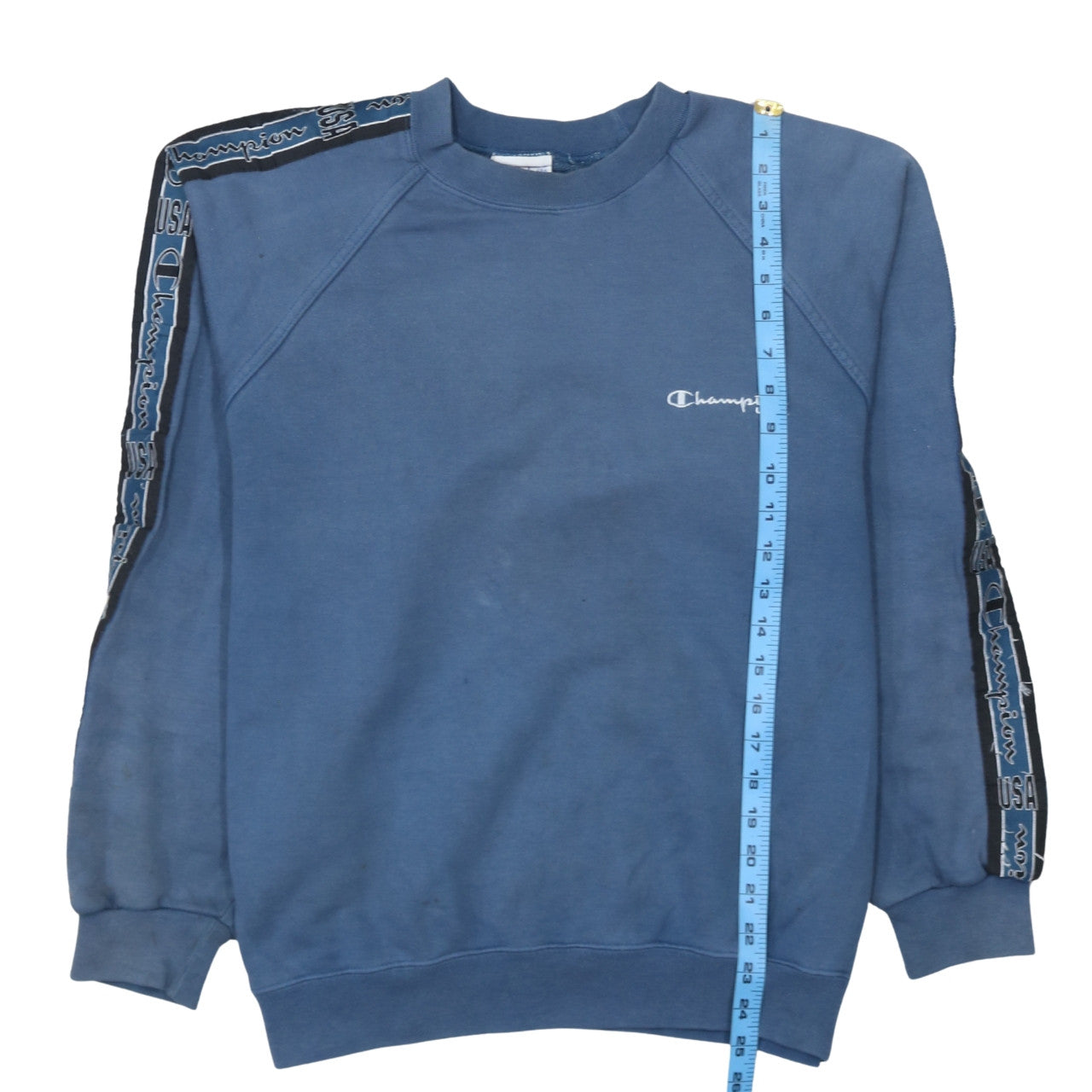 Champion USA Mens Blue Large Crew Neck Sweatshirt with Logo Tape Trim