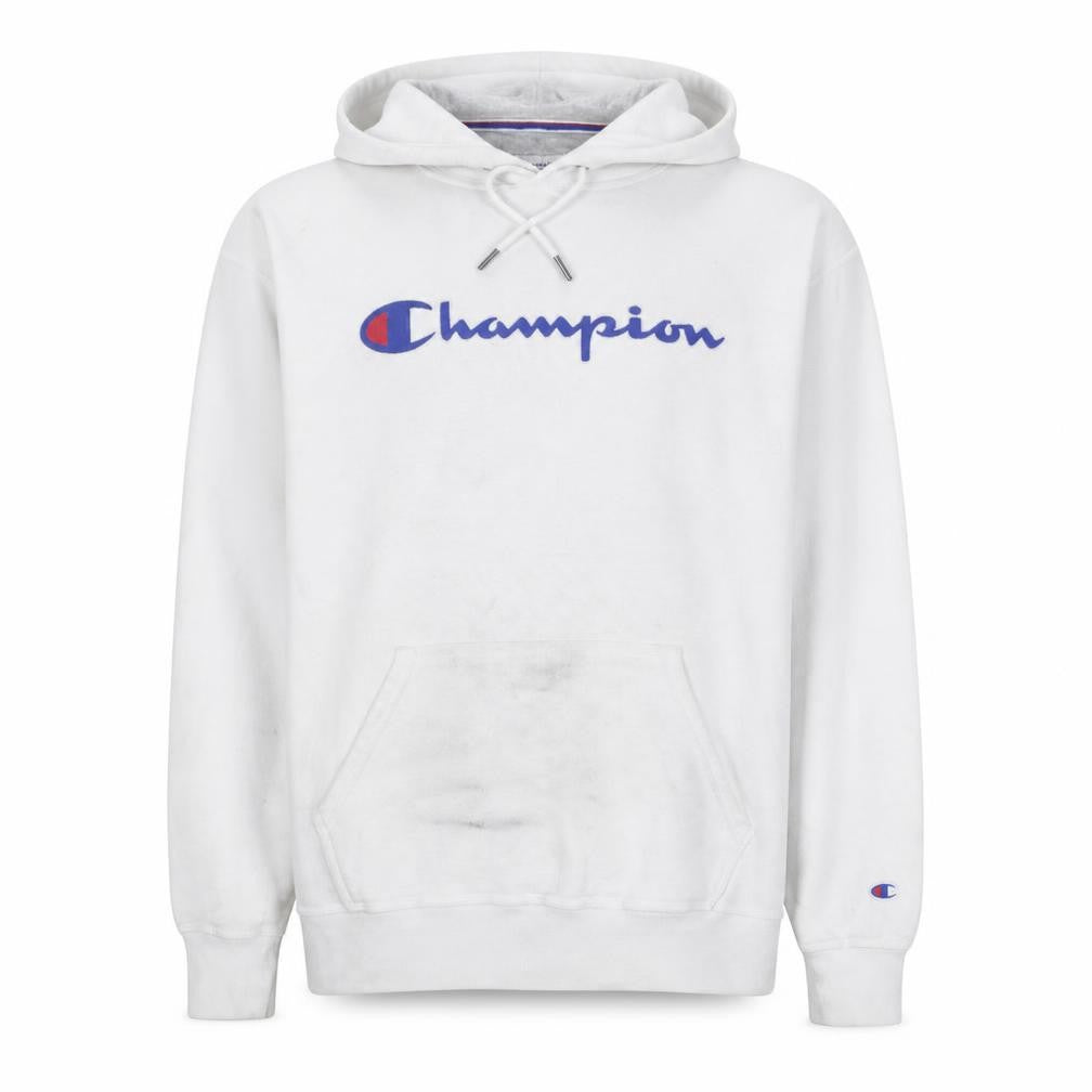 Front view of Champion Men's White Pullover Hoodie, size L, Logo Graphic Fleece