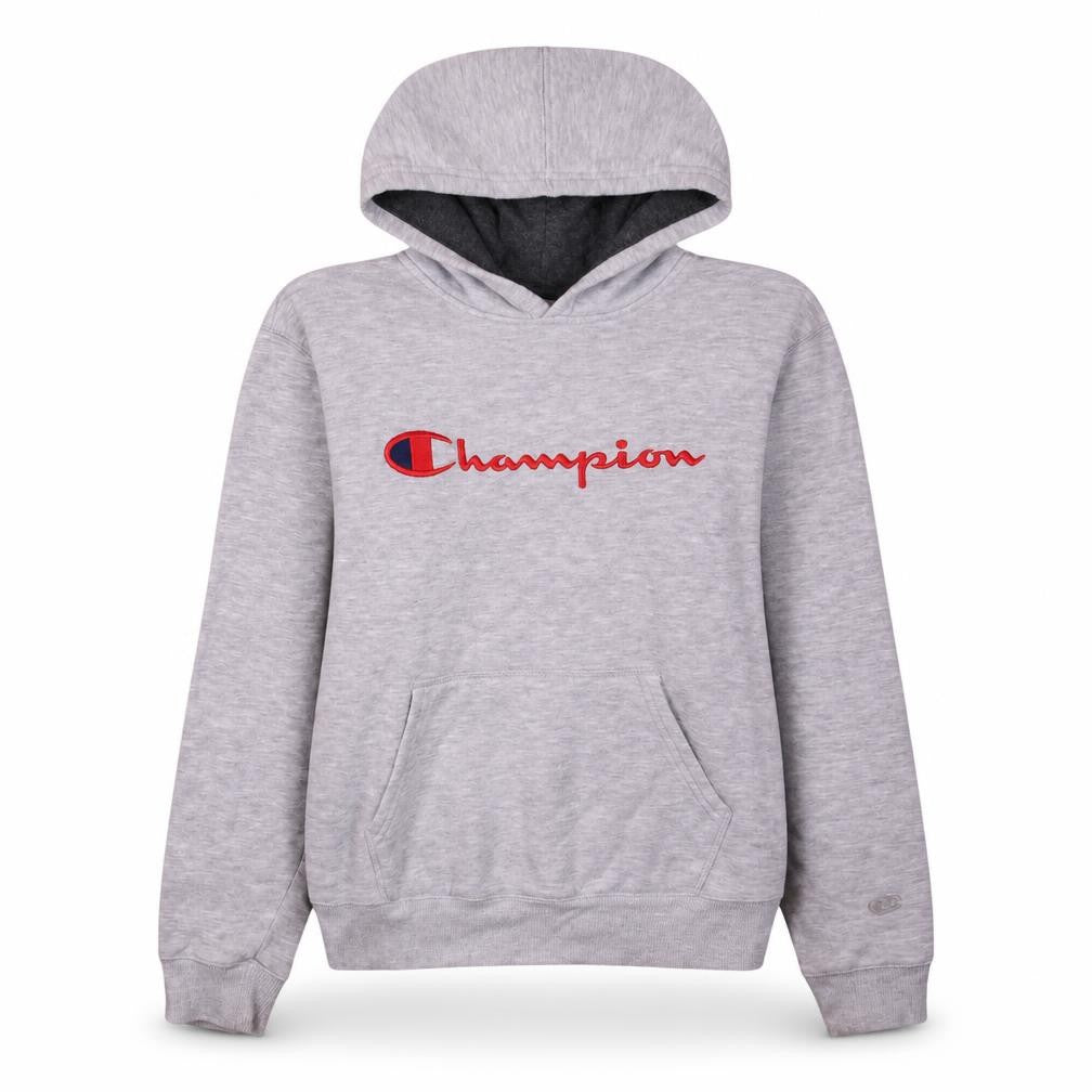 Front view of Champion women’s grey pullover hoodie l logo embroidered fleece
