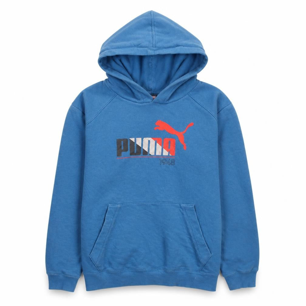 Front view of Puma boys’ blue pullover hoodie sweatshirt, size 164, hooded logo design