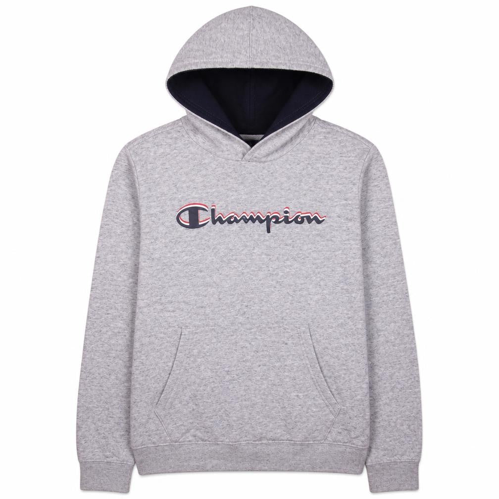 Front view of Champion boys’ grey pullover hoodie, size 13-14, years classic logo sweatshirt