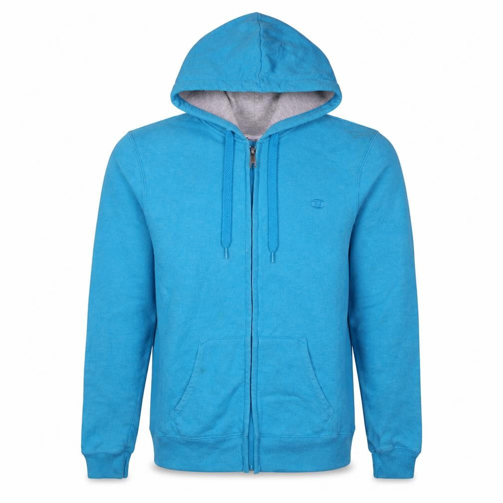 Front view of Champion men’s blue full zip hoodie, size S, regular fit