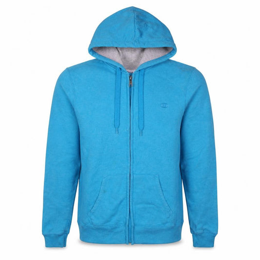 Front view of Champion men’s blue full zip hoodie, size S, regular fit