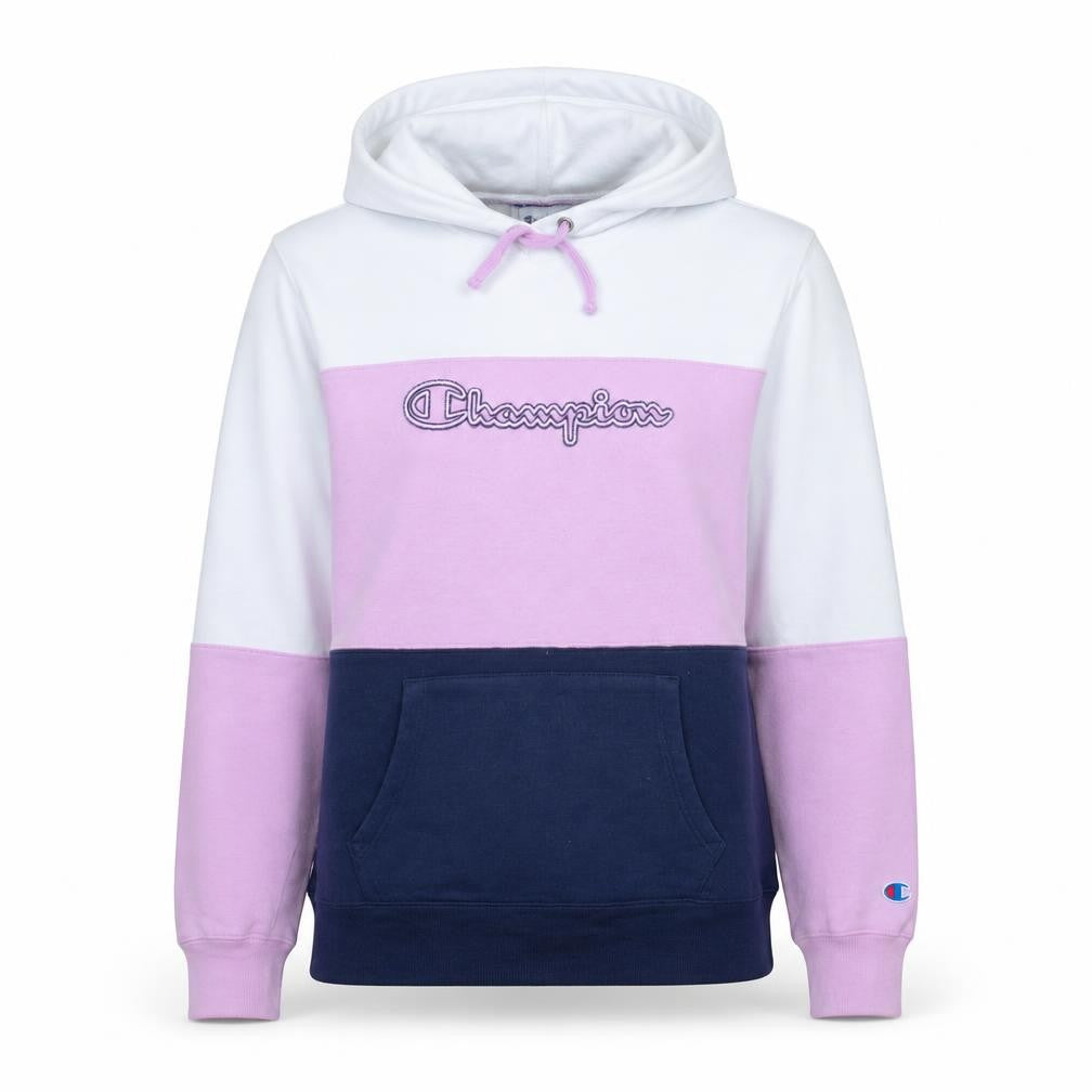 Front view of Champion women’s pink white navy colourblock pullover hoodie, size L