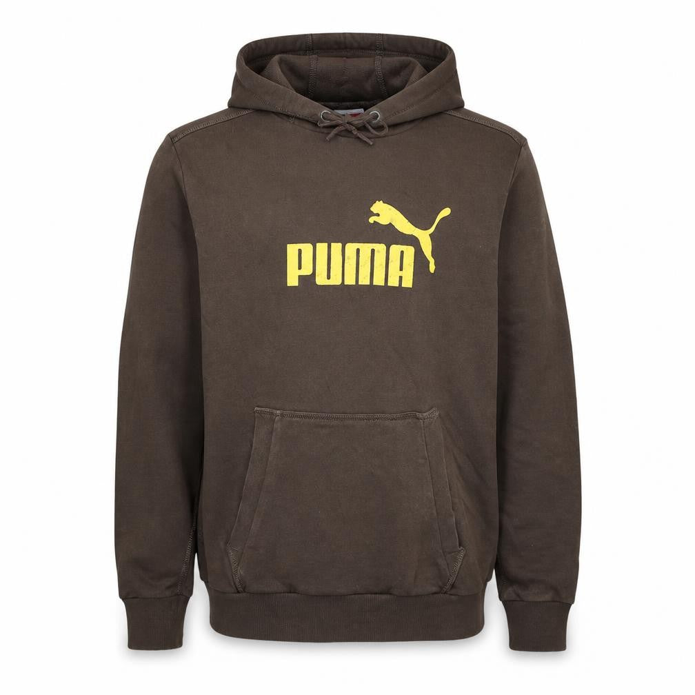 Front view of Puma Men’s Brown Pullover Hoodie Small Logo Graphic Sweatshirt