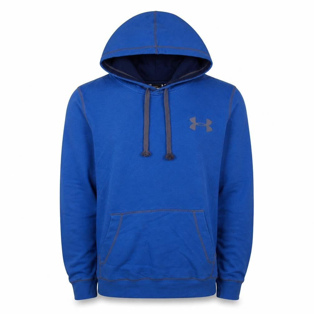 Front view of Under Armour men’s blue pullover hoodie, size S, coldgear fleece