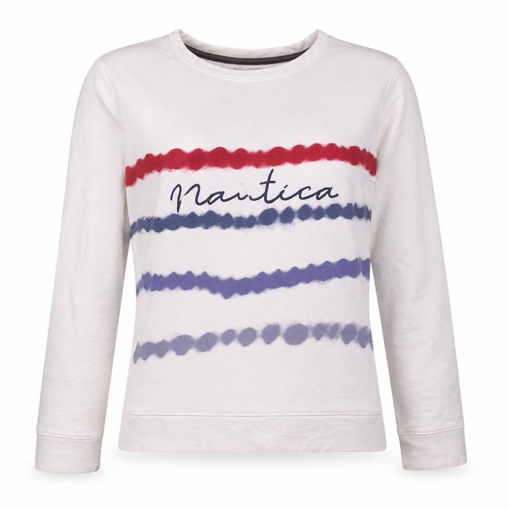 Front view of Nautica Women's White Pullover Sweatshirt L Logo Casual Nautical