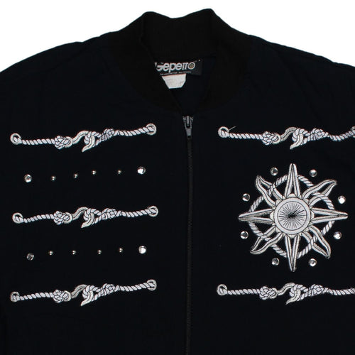 Gepetto Men’s Black Embroidered Bomber Jacket Small Retro Nautical Zip