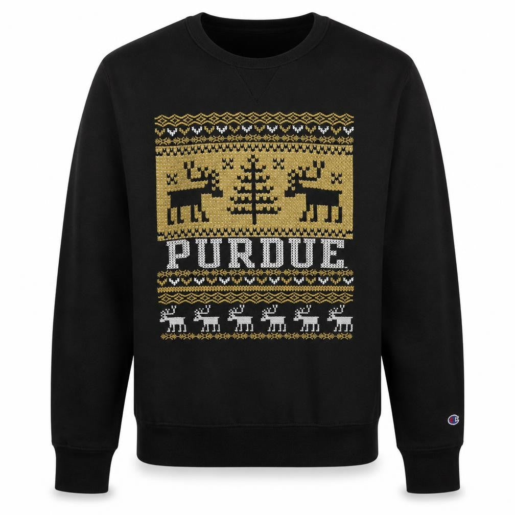 Front view of Champion Men's Black Christmas Purdue Graphic Sweatshirt M