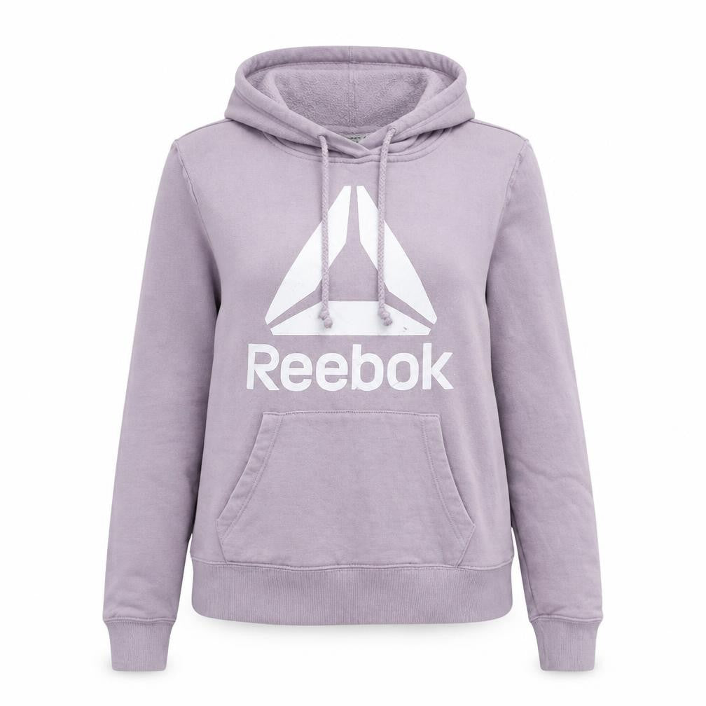 Front view of Reebok women’s purple pullover hoodie medium cotton blend logo gymwear