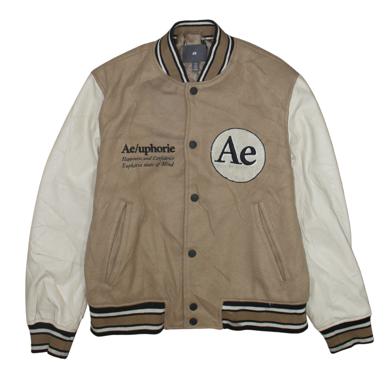 H&M Men Beige Varsity Jacket M Wool Blend Letterman College Style