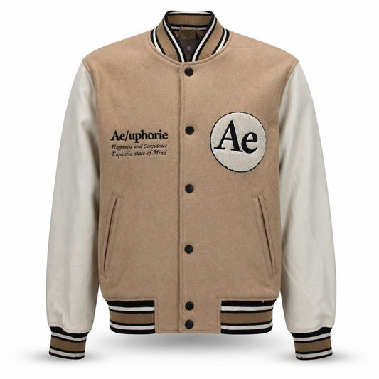 Front view of H&M Men Beige Varsity Jacket M Wool Blend Letterman College Style