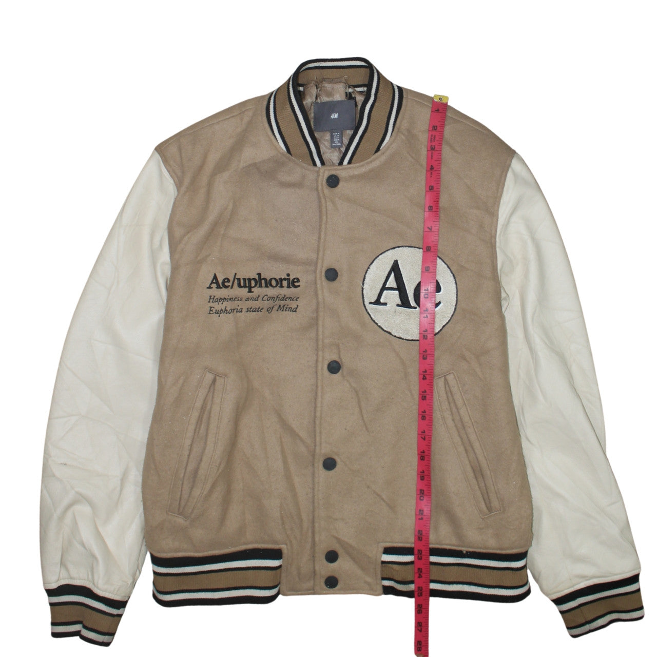 H&M Men Beige Varsity Jacket M Wool Blend Letterman College Style