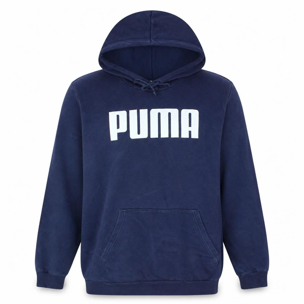 Front view of Puma Men's Blue XL Pullover Hoodie with Logo Print