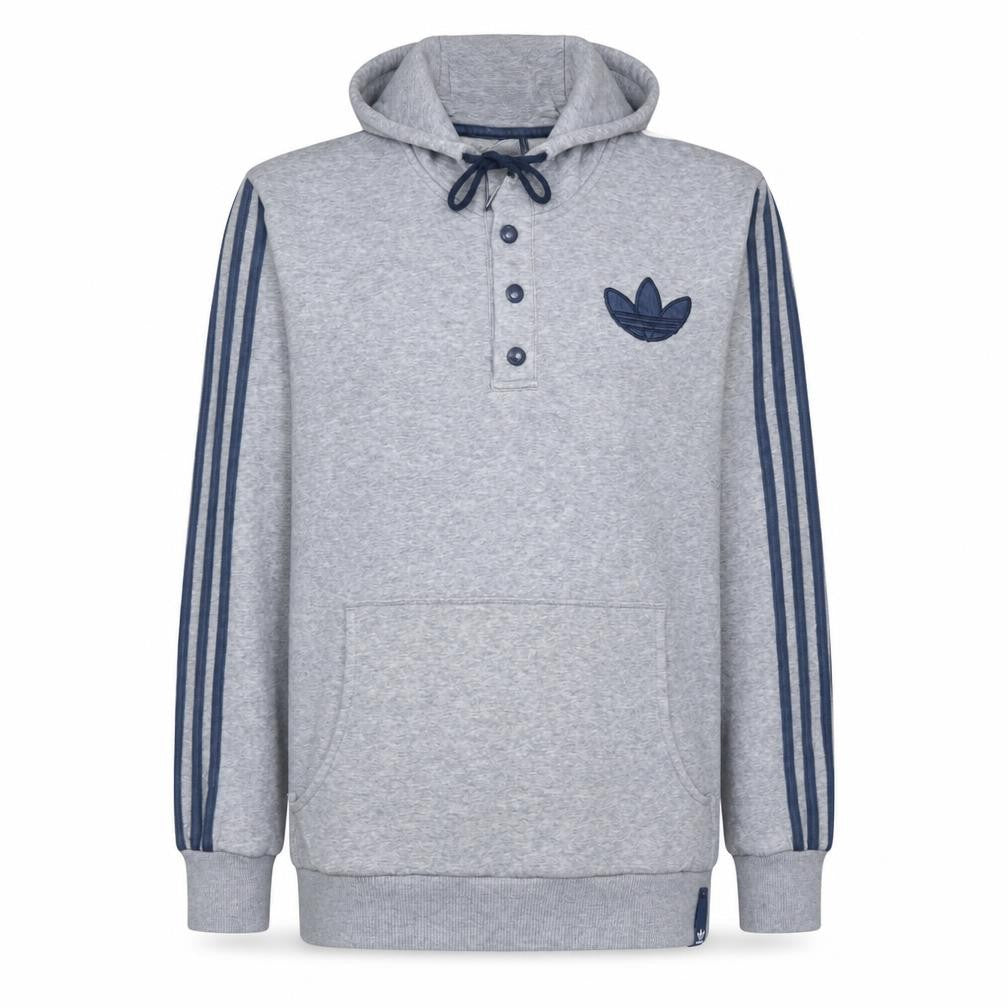 Front view of Adidas Men's Grey Henley Hoodie Sweatshirt M Regular Fit