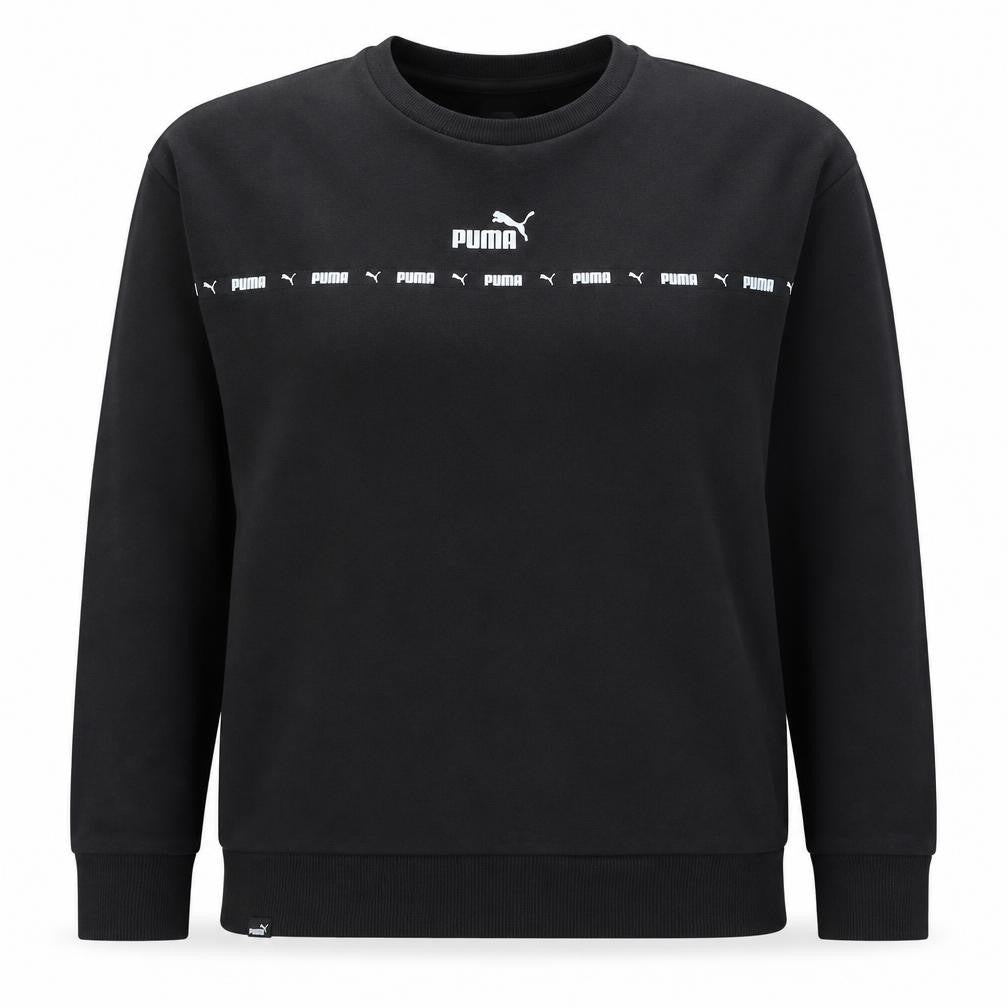 Front view of Puma women’s black logo crew neck pullover sweatshirt, size L