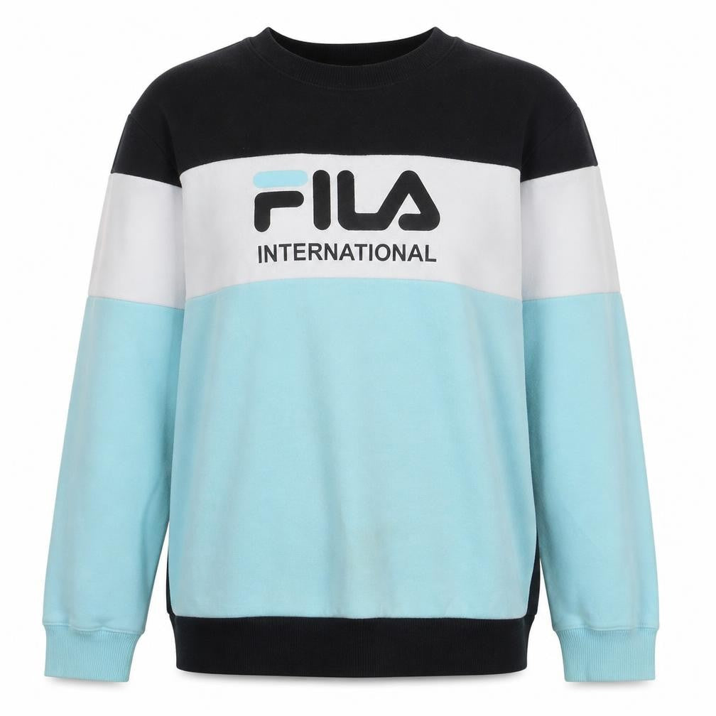 Front view of Fila women’s black blue colourblock logo sweatshirt, size UK 16