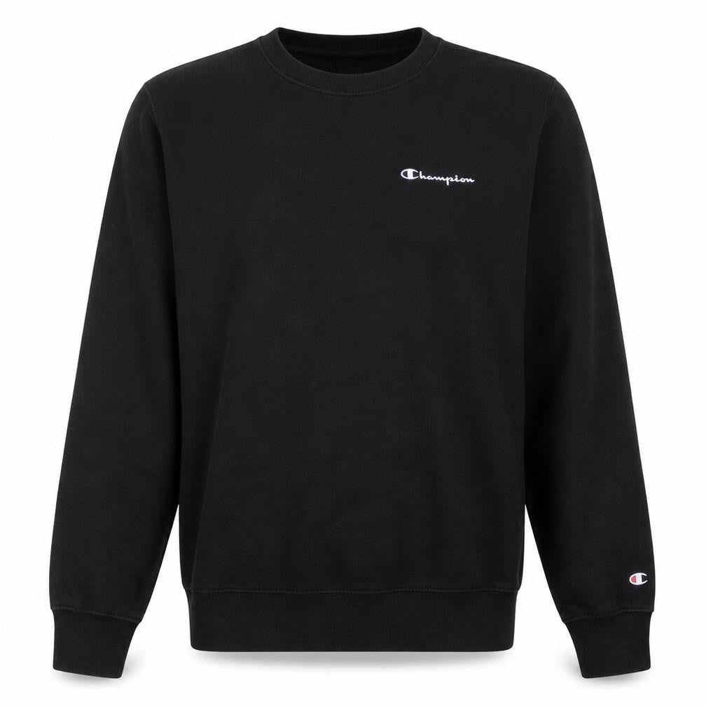 Front view of Champion Men's Black Medium Pullover Sweatshirt Crew Neck Embroidered Logo