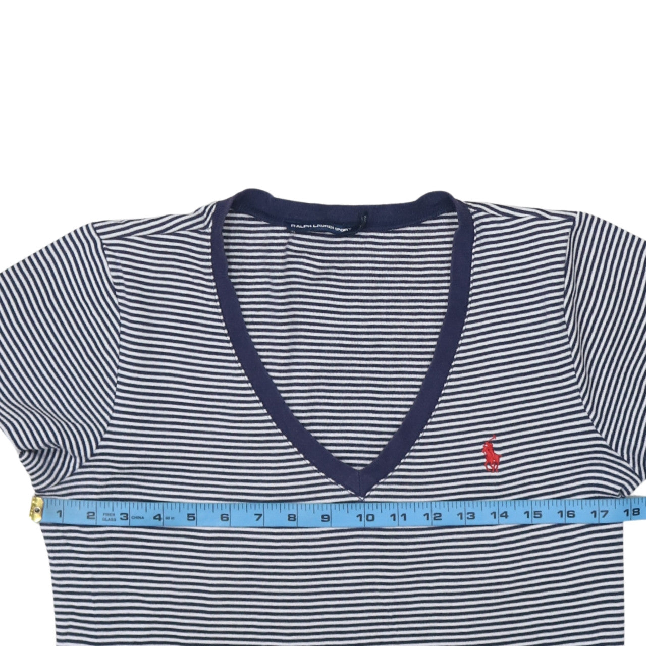 Ralph Lauren Sport Women's Blue Striped V-Neck Cotton T-Shirt XL