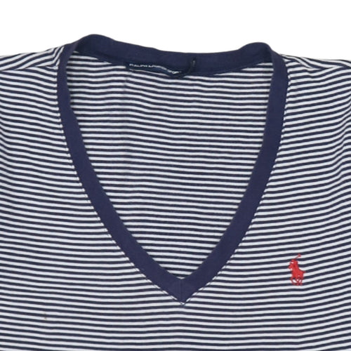 Ralph Lauren Sport Women's Blue Striped V-Neck Cotton T-Shirt XL