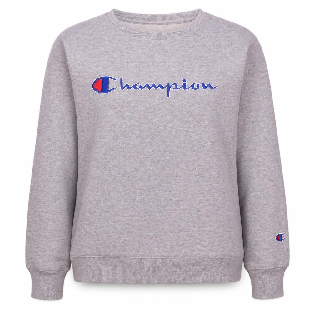 Front view of Champion women’s grey large pullover sweatshirt crew neck logo