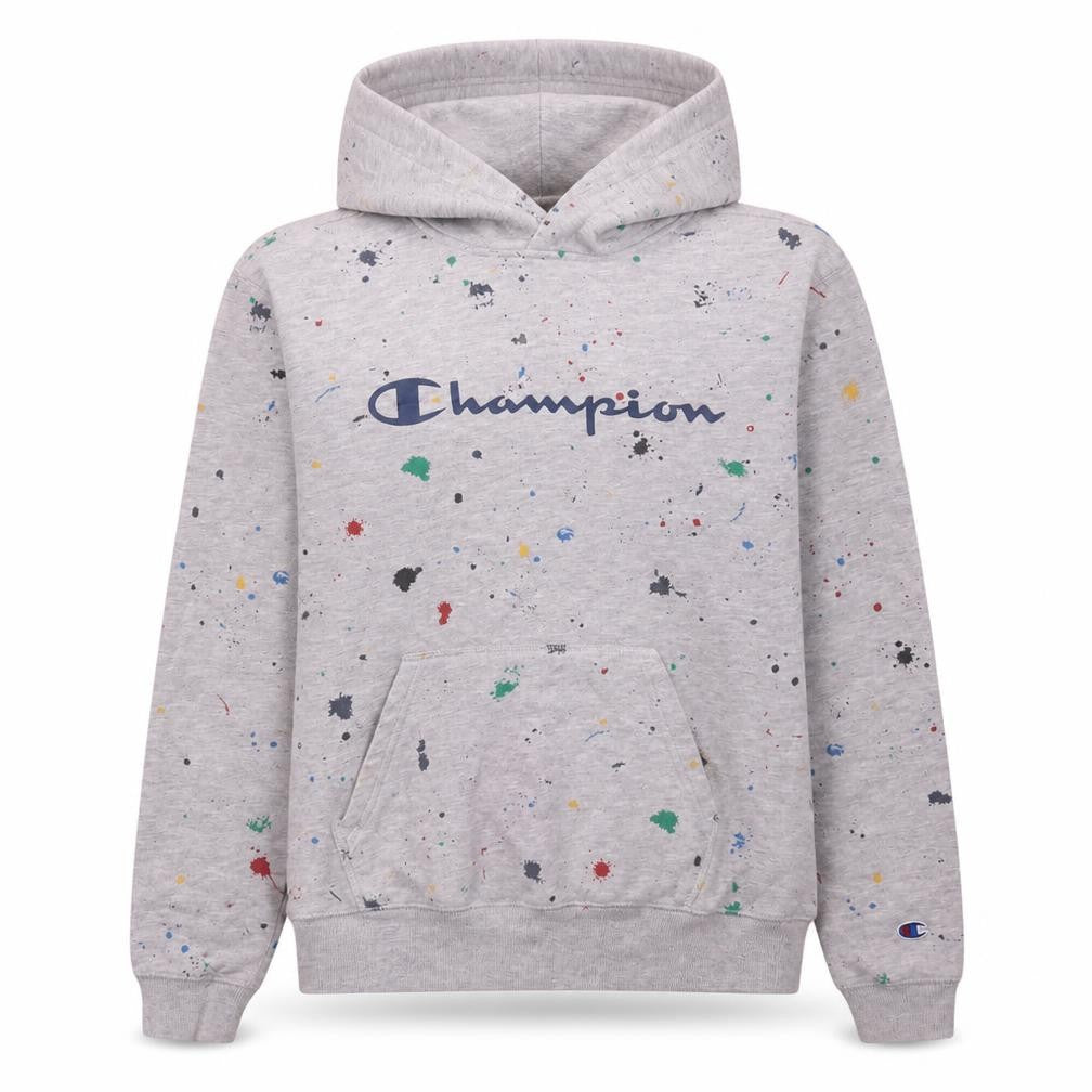 Front view of Champion women’s grey xl pullover hoodie paint splatter graphic