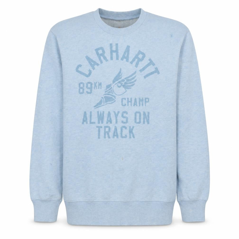 Front view of Carhartt Men's Blue Graphic Crew Neck Sweatshirt, size S