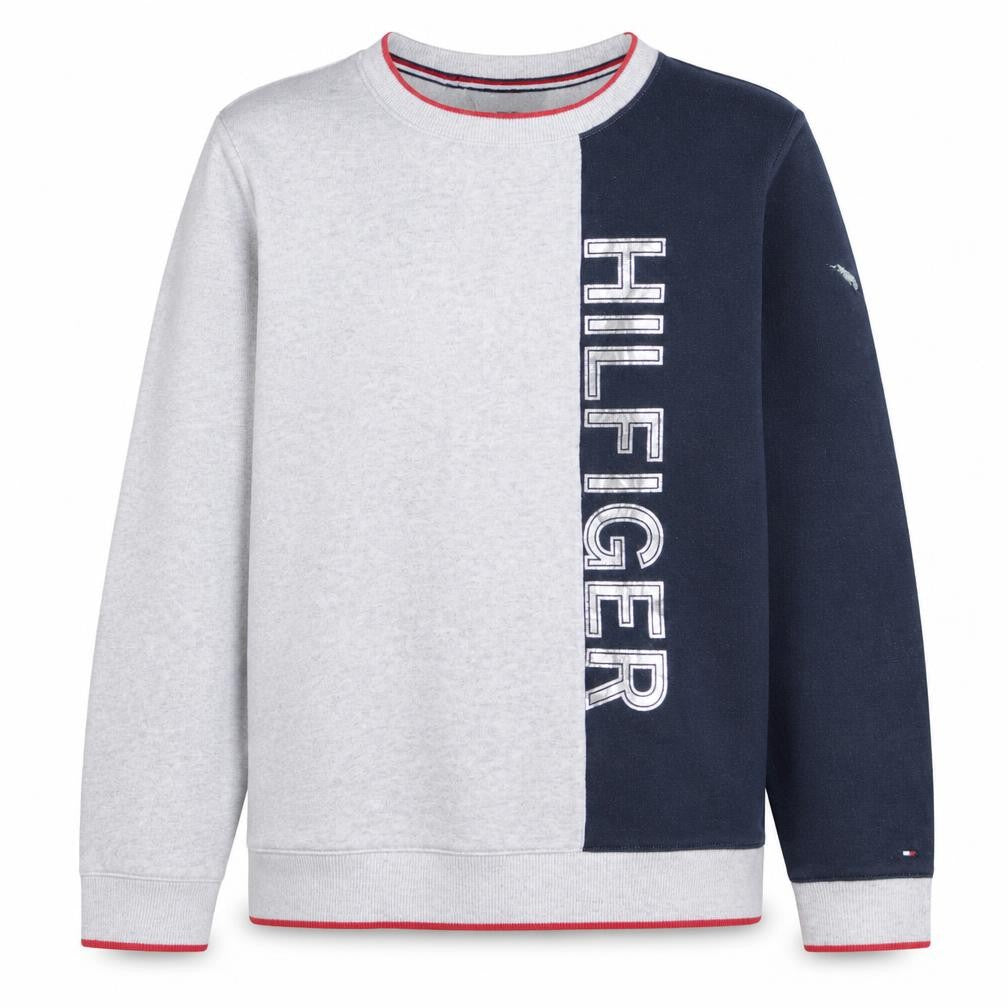 Front view of Tommy Hilfiger Men's Grey Navy Logo Crew Neck Sweatshirt M