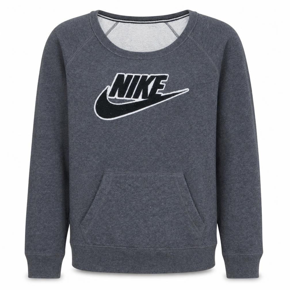 Front view of Nike men’s grey small pullover sweatshirt logo crew neck