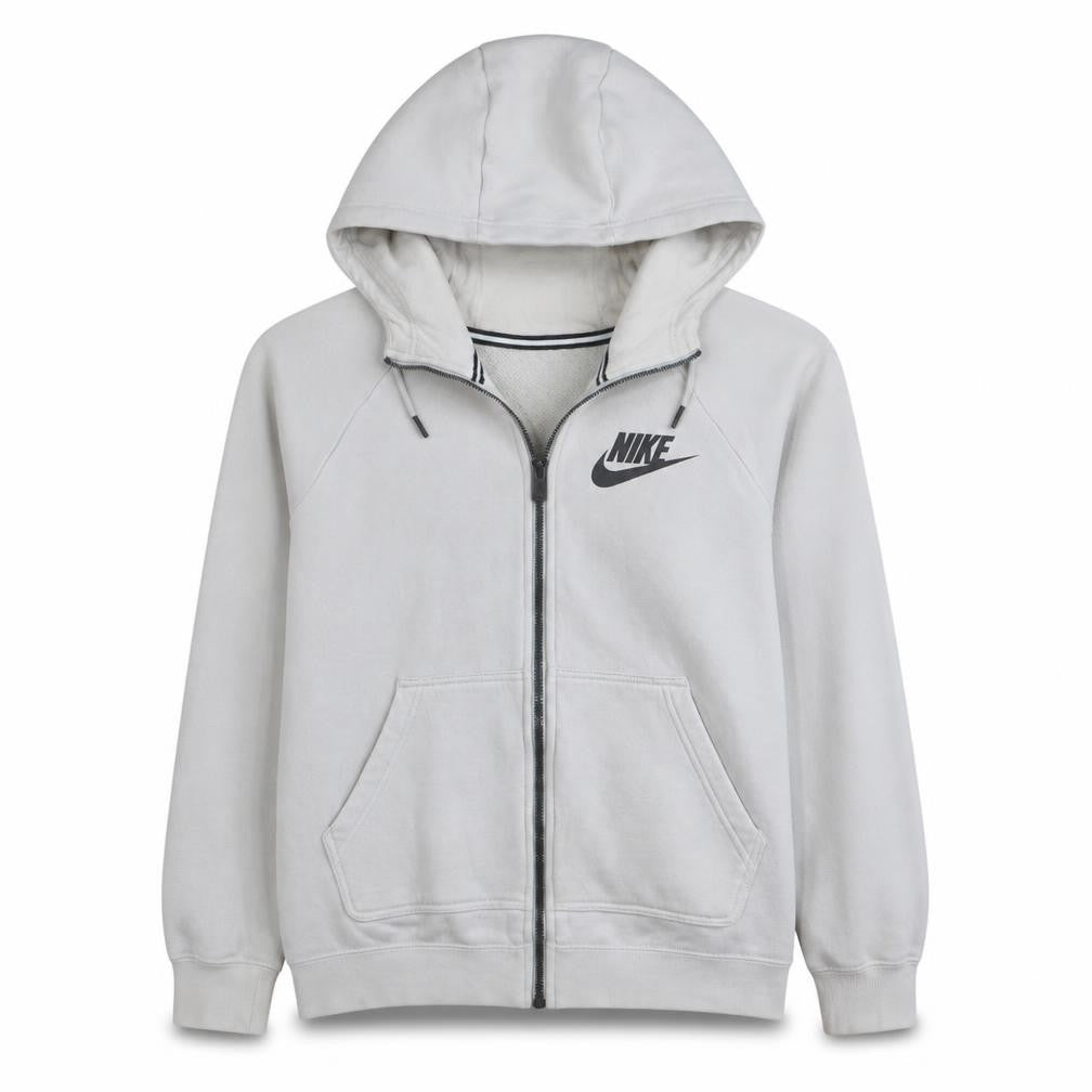 Front view of Nike boys’ white full zip hoodie, size S, cotton blend lined sweatshirt
