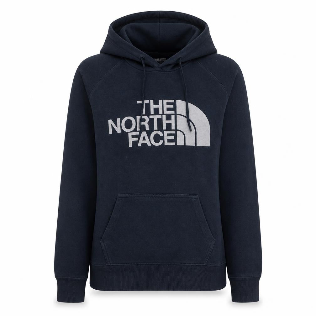 Front view of The North Face women’s navy pullover hoodie, size S, regular fit