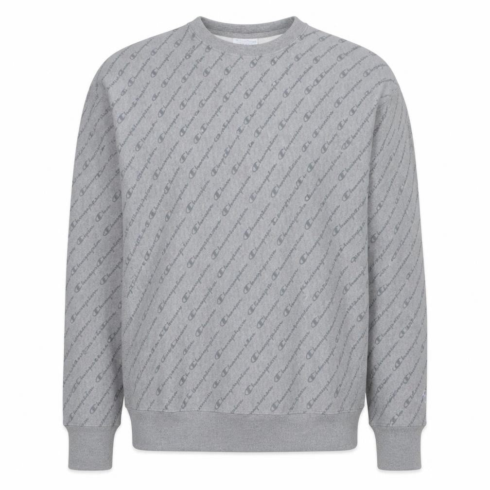 Front view of Champion Men's Grey Reverse Weave Logo Pullover Sweatshirt, size L