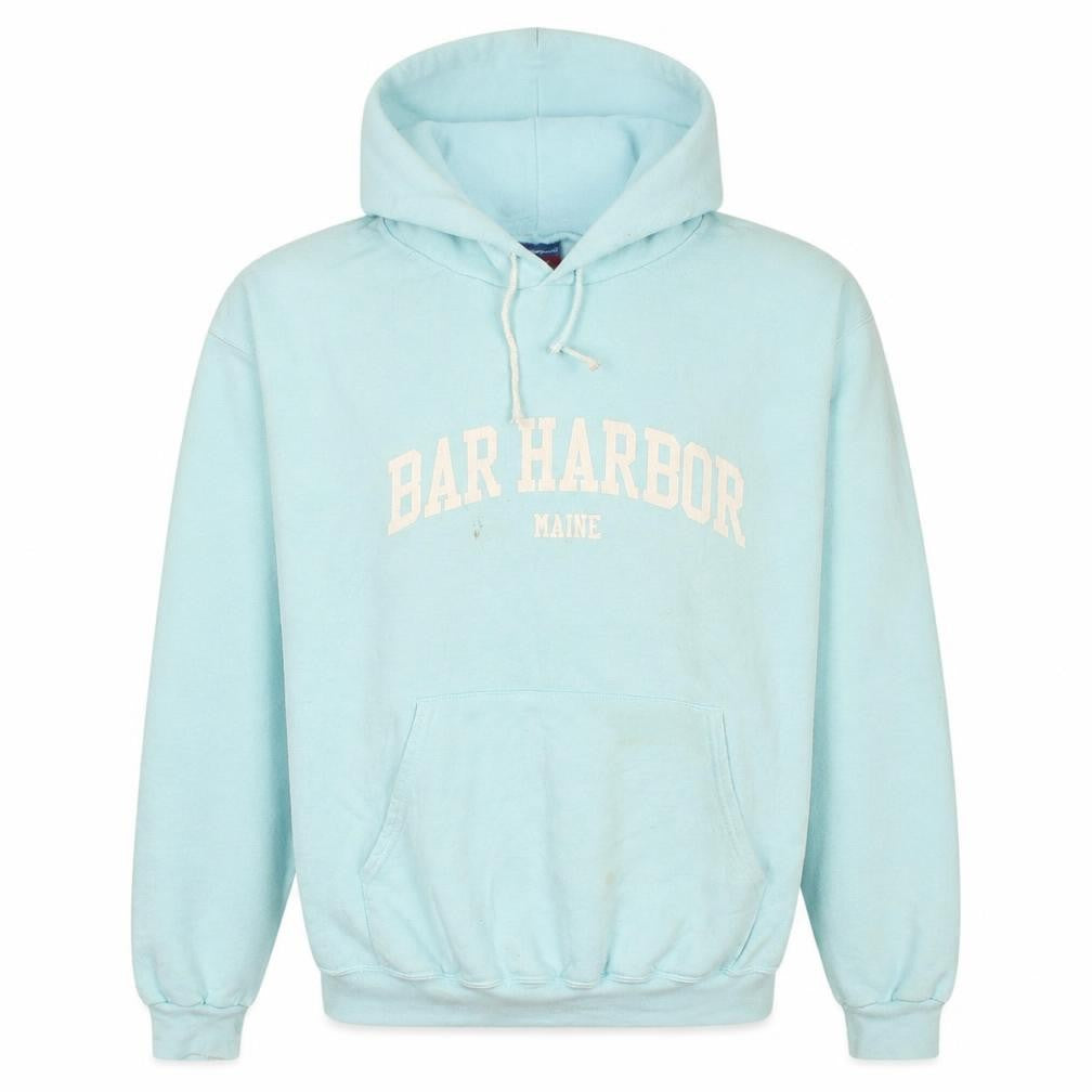 Front view of Champion Men's Blue Pullover Hoodie L Bar Harbor Maine Graphic
